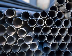 stacked industrial metal pipes arranged horizontally with a shallow depth of field highlighting texture and circular openings