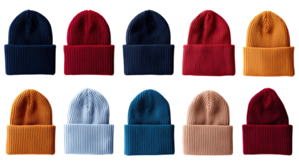 Collection of colorful knitted beanie hats on transparent background, concept of winter fashion and warmth