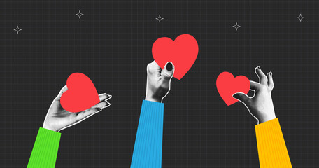 People give hearts in halftone palm hand. Charity and donation concept in collage style with halftone elements. Vector.