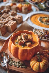 A festive fall table setting with pumpkin soup and croutons in a pumpkin shaped bowl on a wooden board