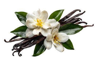Vanilla beans and flowers on black background