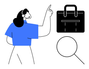 Woman gesturing toward briefcase and magnifying glass, representing job search, career development, employment, research, professional growth, business opportunity, and goal-setting. Simple flat