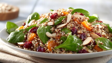 A plate filled with quinoa salad, spinach, dried cranberries, apricots, and sliced almonds on a table