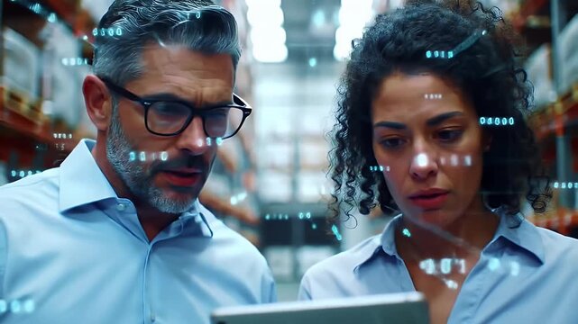 Focused Man And Woman Reviewing Binary Code Data In Bright Warehouse With Rows Of Shelves And Modern Futuristic