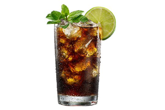 Ice cold Cuba Libre with lime and mint. Perfect summer drink!