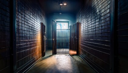 a jail cell door is open in a dimly lit room offering a glimpse of freedom