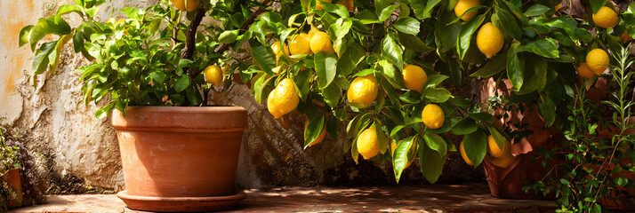 Sunlit lemon tree in terracotta pot exudes zest, embacing Mediterranean spirit nodding to Citrus Celebraion Day and Fiesta Italian