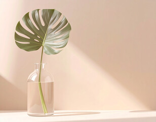 A single Monstera leaf in a clear glass vase, casting a shadow on a beige background.