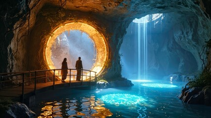 The figure beside the cave waterfall