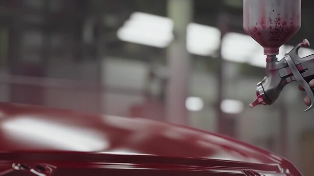 Hand Using Red Spray Gun Applying Paint to Car Body in Automotive Factory with Industrial Equipment in Blurred