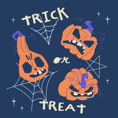 Halloween card with three expressive pumpkins, cobwebs, stars, and Trick or Treat lettering. Festive vector illustration perfect for posters, party invitations, and seasonal design