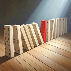 A meticulously crafted still life showcases a row of wooden dominoes, with one striking red domino positioned centrally, amidst a tableau of falling dominoes.