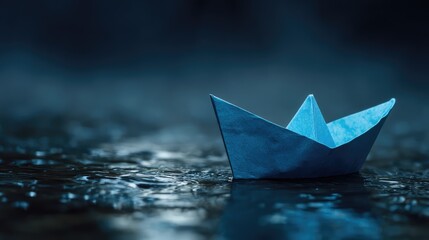 Obraz premium Paper Boat on Watery Surface: A single, pristine blue paper boat navigates a textured watery surface. It evokes feelings of solitude and introspection.