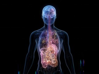 Translucent human anatomy showcasing the brain, lungs, digestive system, and vital organs.