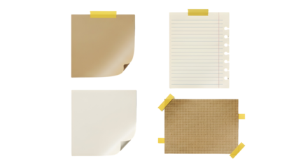Collection of four different sticky notes and blank paper sheets with tape on a white background