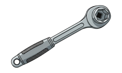 Illustration of a gray ratchet wrench with a textured handle on a black background