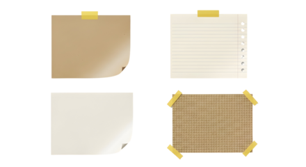 Collection of four blank paper notes, each attached with yellow tape, on a white background, perfect for notes or messages