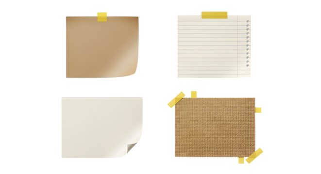 Collection of four assorted sticky notes with taped corners on a white background
