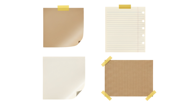 Collection of note paper with taped corners and lines, presented against a white background