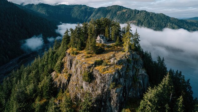 Secluded cabin perched atop a rocky cliff, surrounded by lush forest and misty mountains - Powered by Adobe
