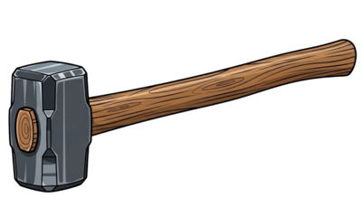 Illustration of a sledgehammer with a gray head and a wooden handle on black background