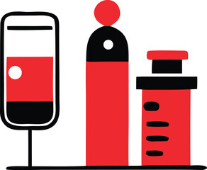 Medical infusion bag and vials icon represents healthcare blood transfusion and pharmaceutical supplies for hospitals and clinics