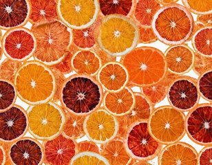 Citrus mix of orange, tangerine, and blood orange slices arranged in star pattern, isolated on white background.