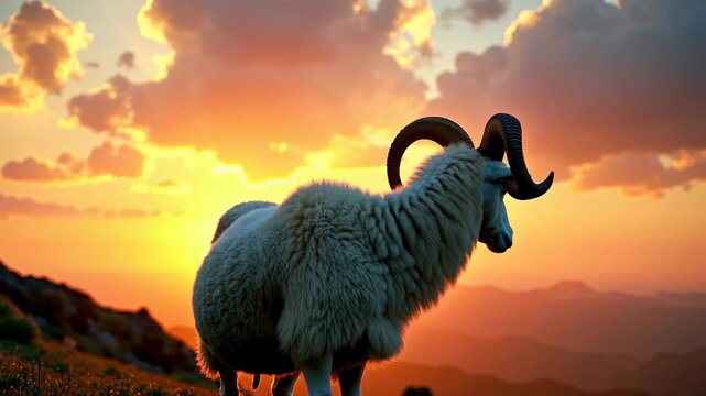 Jacob sheep with multiple horns stands majestically under a vibrant sunrise with swirling clouds