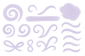 Decorative lavender brushstrokes, spirals, swirls creating elegant design elements with transparent background for graphic enhancement