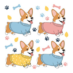 Cheerful Corgis Wearing Sweaters Illustration with Paw Prints and Bones