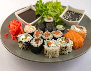 A selection of diverse sushi rolls, including salmon, cream cheese, and other fillings, displayed on a gray plate with soy sauce and ginger.