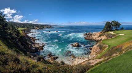 Obraz premium A sunny day on a coastal golf course with lush green grass, a playing hole in the foreground, and ocean waves crashing against rugged rocks in the background.