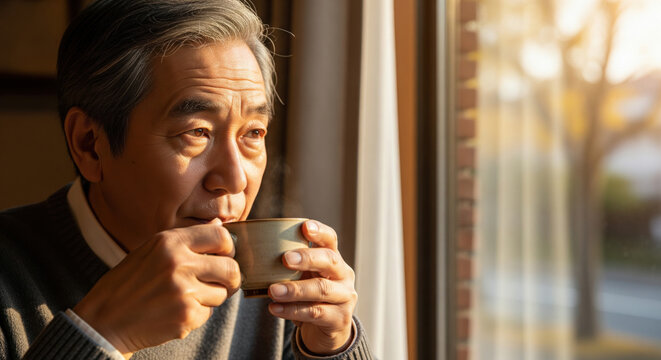 Serene Senior Man Enjoying Coffee by Window at Home