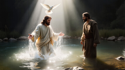 예수님께 세례하는 요한과 비둘기 같은 형태로 임하는 성령