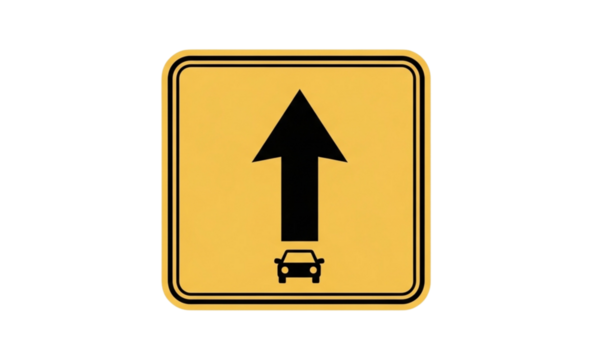 A yellow road sign with a black arrow pointing upwards and a car icon underneath it - Powered by Adobe