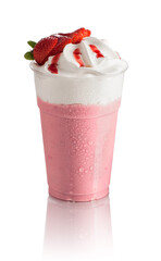 Strawberry smoothie with cream and strawberry pieces as decoration on a white background cut out