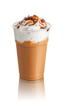 milkshake caramel taste and whipped cream, white background