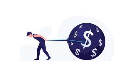 Man struggling to move heavy sphere with dollar signs indicating financial burden