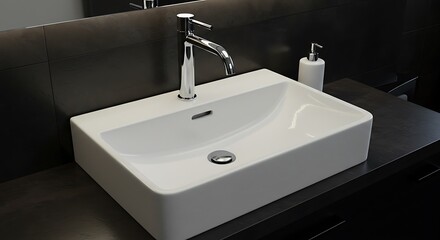 Modern White Ceramic Bathroom Sink with Chrome Faucet and Soap Dispenser