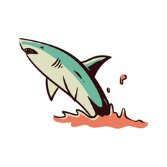 Stylized cartoon shark breaching water with jagged teeth and fins in a dynamic pose, evoking a sense of power and action