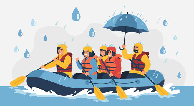 Water Adventure: Rafting In The Rain, Enjoying The Rapids With Companions In Protection