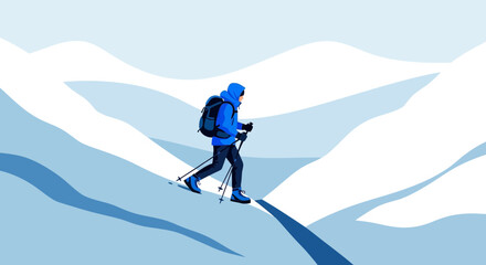 Winter Hiker Ascending A Snowy Mountain Slope in Flat Vector Art Style