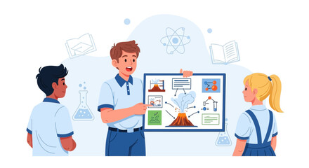 Teacher Explaining Science Lesson To Students With Explanatory Diagram In Classroom Setting