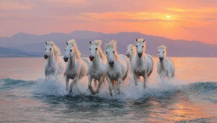 Majestic white horses gallop through ocean waves at sunset (1)