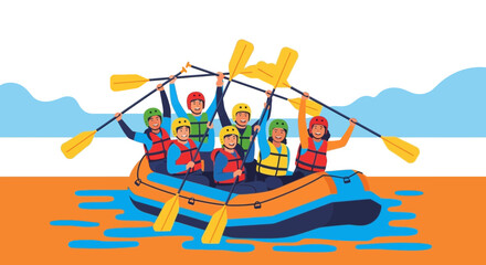 Team Enjoying Whitewater Rafting Adventure Amidst Serene Waters and Beautiful Sky