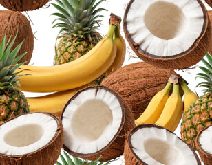 Coconut chunks with pineapple and banana slices, tropical island mix, isolated on white background, exotic refreshment.