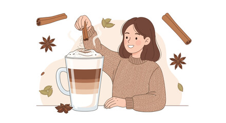 Woman Adding Spices To Coffee Vector Illustration, Preparing A Warm Delicious Drink