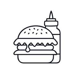 Minimalist Line Art Illustration of a Burger with Condiment Bottle, burger with ketchup and mustard icon vector illustration