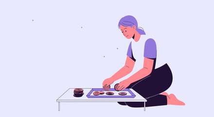 Obraz premium Woman Arranging Elements on a Table, Creating a Composition in a Simple, Unique Fashion