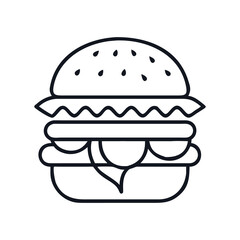 Minimalist outline of a burger with lettuce, cheese, and sesame seeds, burger with onions icon vector illustration